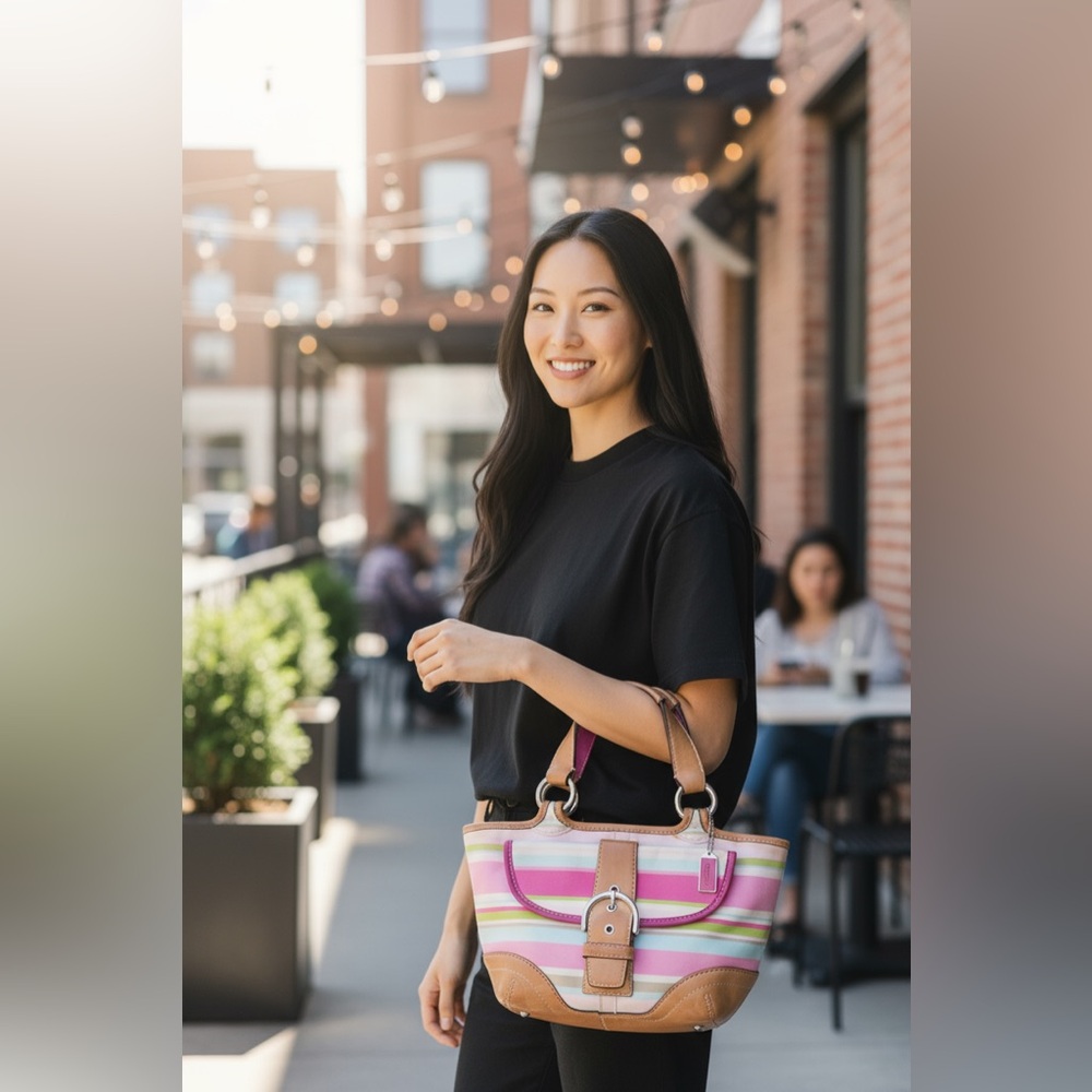 Coach Vintage SoHo pink striped with buckle & metal hangtag